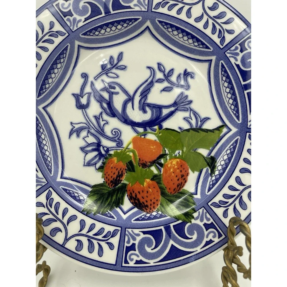 Blue Bird Ceramic Salad Plate Blue & White With Strawberries‎ 7 ¾